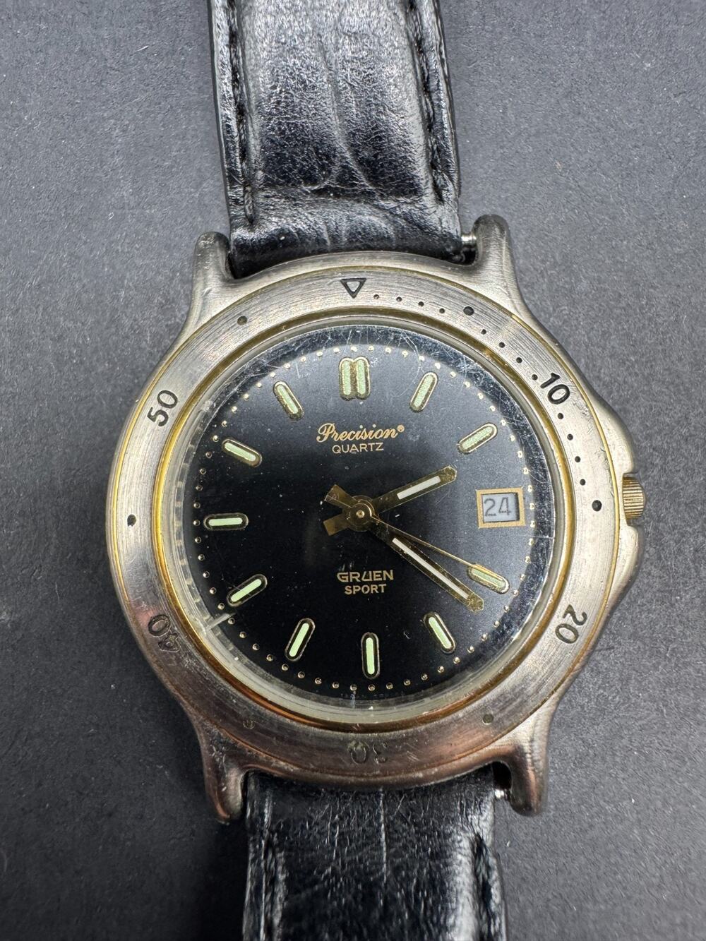Precision By Gruen Sport Two Tone Watch 321-2115 Black Dial Leather Band